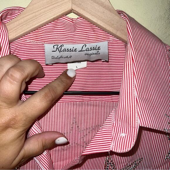 VNTG KLASSIE LASSIE striped button down shirt with rhinestones L - Picture 5 of 6
